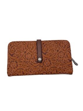 Justin Women's Floral Tooled Saddle Brown Wallet Slim Card Slots Western Cowgirl